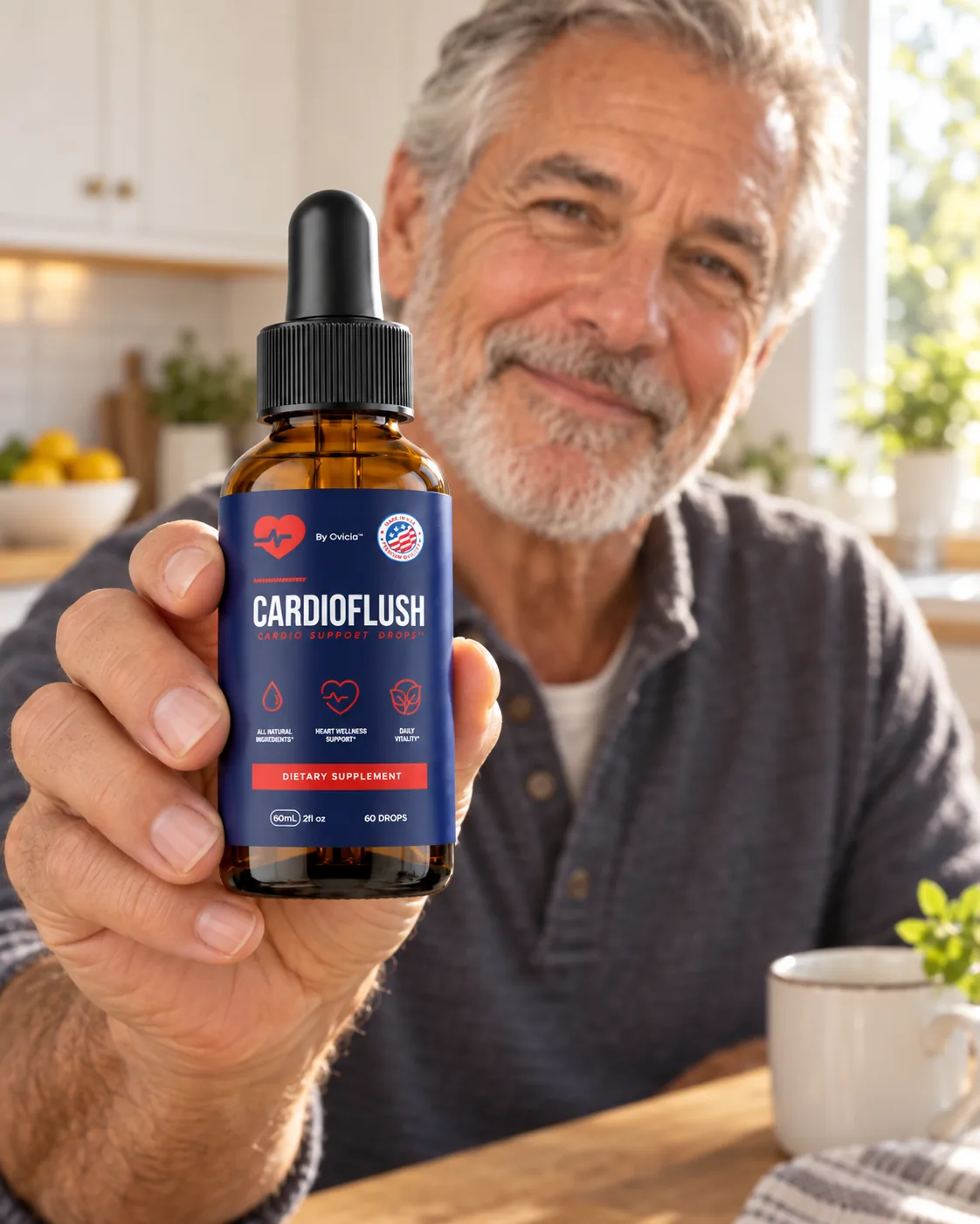 Man holding a bottle of CardioFlush in his kitchen