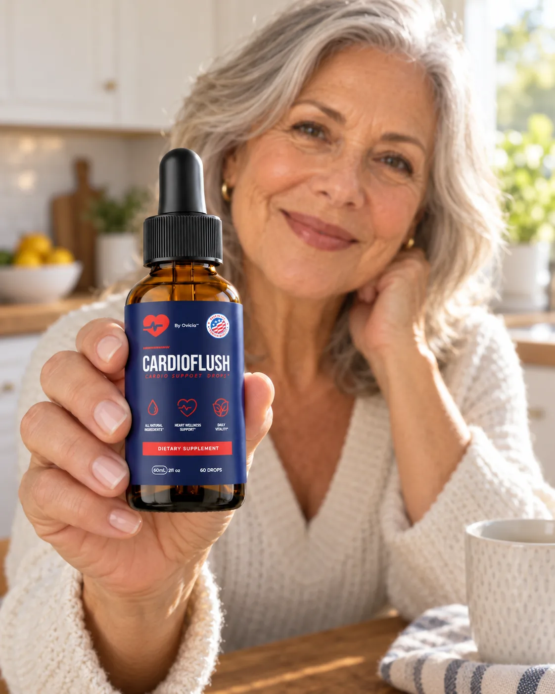 Woman holding a bottle of CardioFlush in her kitchen